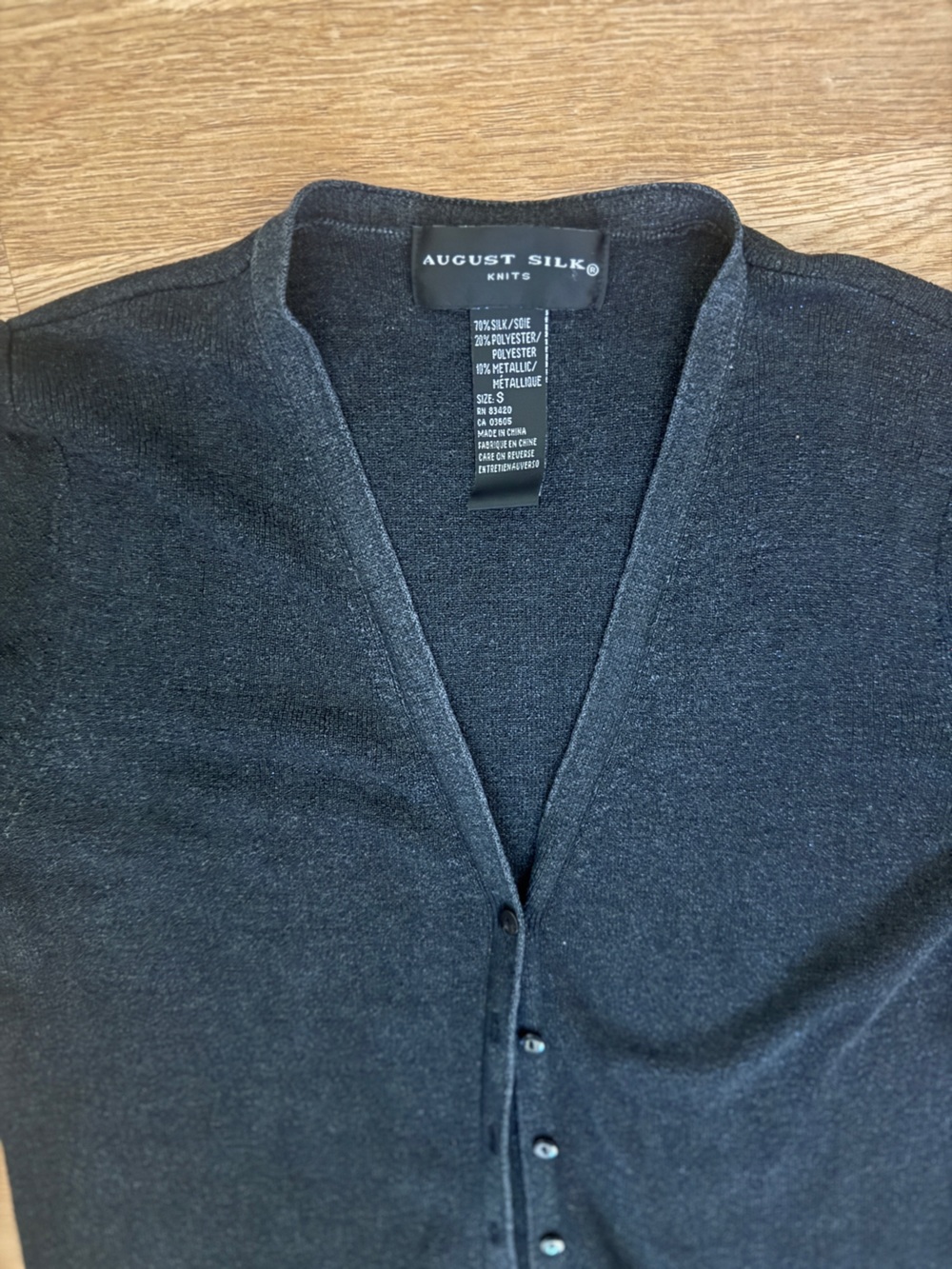 August Silk Cardigan Women’s Charcoal Gray Silk Metallic Blend Long Sleeve